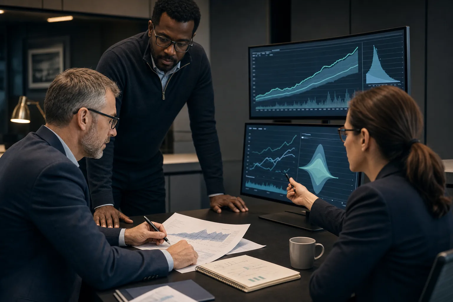 Financial risk team reviewing predictive forecast scenarios