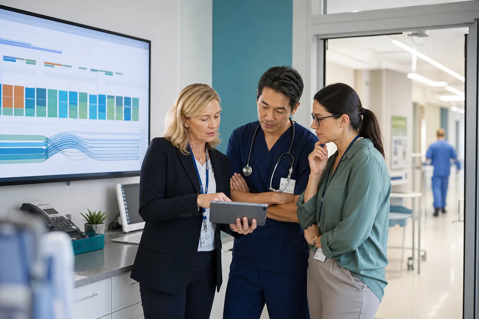 Healthcare operations team coordinating patient flow with data