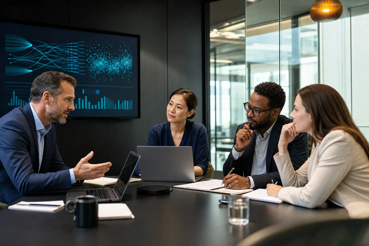 Enterprise leaders and data specialists collaborating in an AI strategy workshop